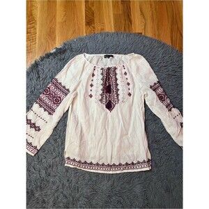 Etnodim Embroidered Linen White Peasant Vyshyvanka Blouse Size M
